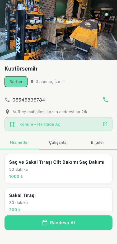 Müşteri uygulaması – İşletme detayı ve randevu alma ekranı