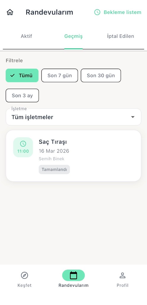 Randevularım ekranı – Geçmiş randevular ve filtreleme